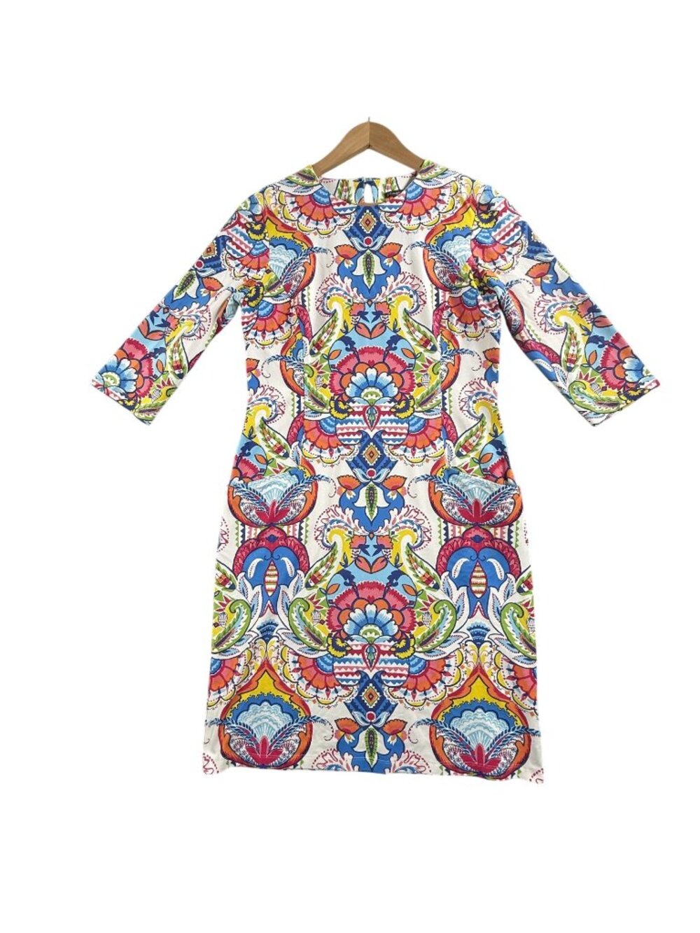 J McLaughlin Dress Womens Medium Multicolor Paisley Sheath Pockets 3/4 Sleeve